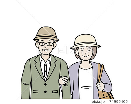 老夫婦 年配のカップル 仲良し 腕を組む 外出 お出かけ 上半身 イラスト素材のイラスト素材