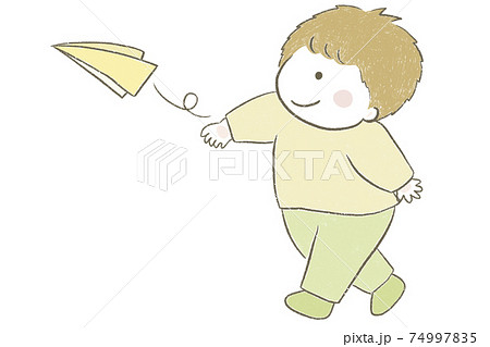 紙ひこうきを飛ばして遊ぶ男の子のイラスト素材