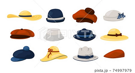 Hats. Men and women fashion vintage caps and panamas, classic ladies and gentlemen had wearing collection. Summer and autumn natural colors male and female accessory vector cartoon set 74997979