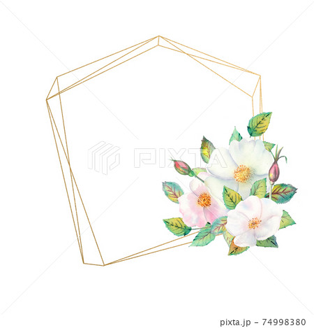 Flowers of white rose hips, red fruits, green leaves, the composition in a geometric Golden frame. Flower poster, invitation. Watercolor compositions for the design of greeting cards or invitations. Flowers of white rose hips, red fruits, green leaves, the composition in a geometric Golden frame. Flower poster, invitation. Watercolor compositions for the design of greeting cards or invitations. 74998380