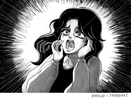昭和のホラー漫画風 絶叫する女性 集中線 モノクロのイラスト素材