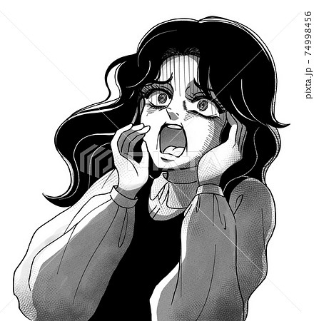 昭和のホラー漫画風 絶叫する女性 モノクロのイラスト素材
