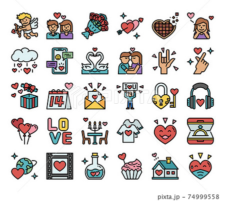 Happy Valentines Day Color Outline Vector Icons 74999558