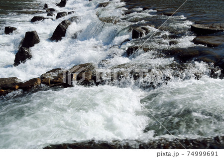 上流から下流へ川堰を豪快に通過する水流が見せる唯一無二の表情 … 島根県 安来市 飯梨川（晴れ） 74999691