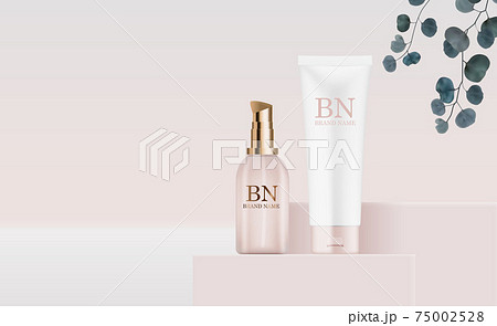 3D Realistic Pastel Cream Bottles on pedestal Background and eucalyptus leaves. Design Template of Fashion Cosmetics Product for Ads, flyer or Magazine Background. Vector Illustration 3D Realistic Pastel Cream Bottles on pedestal Background and eucalyptus leaves. Design Template of Fashion Cosmetics Product for Ads, flyer or Magazine Background. Vector Illustration 75002528
