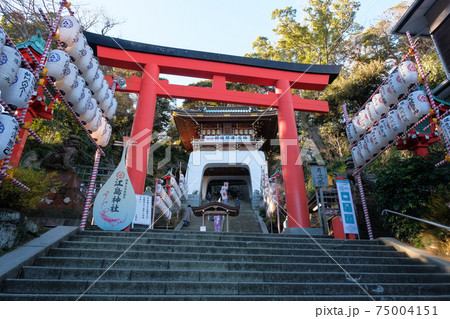 神奈川県藤沢市 江島神社 朱の鳥居と瑞心門 神奈川県藤沢市 江島神社 朱の鳥居と瑞心門 75004151