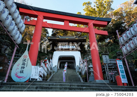 神奈川県藤沢市 江島神社 朱の鳥居と瑞心門 神奈川県藤沢市 江島神社 朱の鳥居と瑞心門 75004203