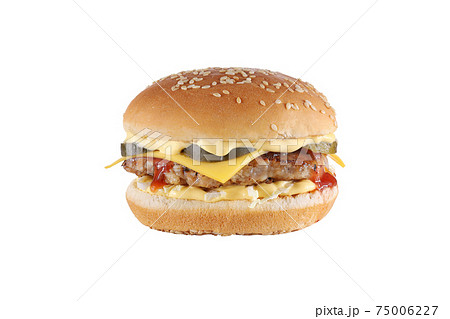 Burger with cheese isolated on white background. Cheeseburger fast food meal. 75006227
