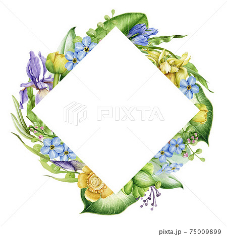 Spring flower square frame. Bright hand drawn flowers in decorative banner. Watercolor realistic garden floral frame. On white background. Wedding invitation postcard. Elegant decor element 75009899