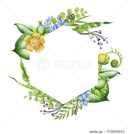 Spring flower frame. Bright hand drawn lily flowers in decorative banner. Watercolor realistic garden floral frame. On white background. Wedding invitation postcard. Elegant decor element 75009902