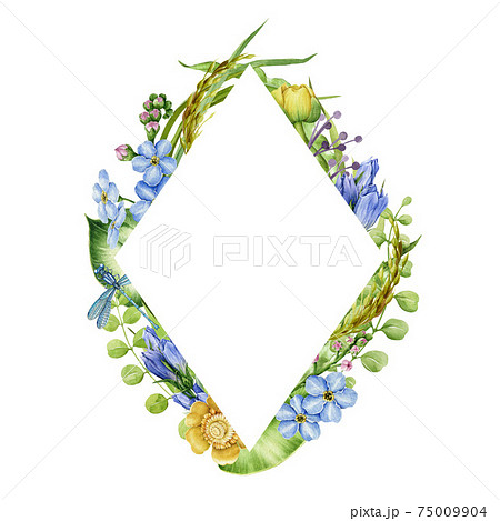 Spring flower rhombus frame. Bright hand drawn garden flowers in decorative banner. Watercolor realistic spring floral frame. On white background. Wedding invitation postcard. Elegant decor element 75009904