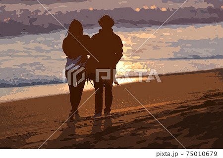湘南の海を眺めるカップルのイラスト 湘南の海を眺めるカップルのイラスト 75010679
