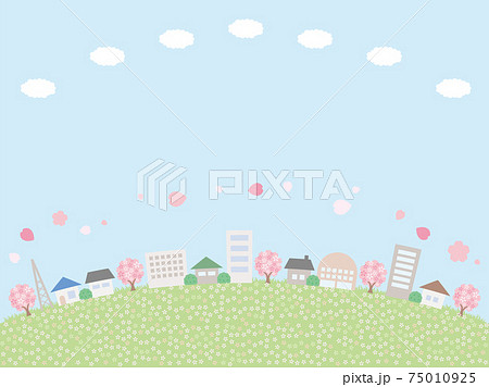 シンプルな春の街並みの背景イラスト 丘のようなレイアウトのイラスト素材 シンプルな春の街並みの背景イラスト 丘のようなレイアウトのイラスト素材