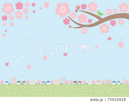 シンプルな春の街並みの背景イラスト レイアウトが下の遠景のイラスト素材 シンプルな春の街並みの背景イラスト レイアウトが下の遠景のイラスト素材