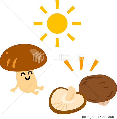 日光浴するシイタケのキャラクターと干し椎茸のイラスト素材