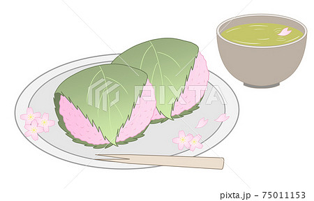 桜餅とお茶のイラストのイラスト素材