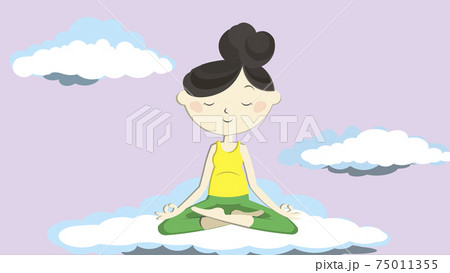 Illustration of an Asian girl doing yoga. There are clouds all around. Creative typographic poster. Illustration of an Asian girl doing yoga. There are clouds all around. Creative typographic poster. 75011355