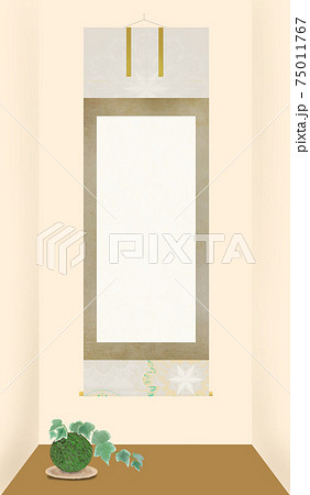 白い斑入りアイビーの苔玉と掛軸 白い文字スペースあり の和モダンな床の間飾りのイラストのイラスト素材