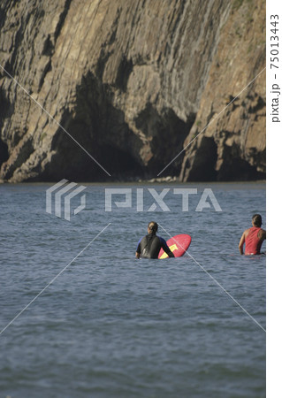 Many surfers sit and lie on their surfboards in front of green overgrown rocks on a beach in northern Spain 75013443