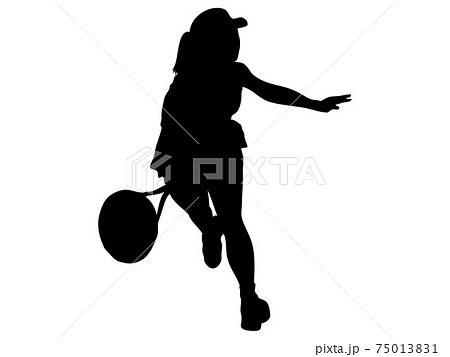 ボールを追いかける女性テニスプレイヤーのシルエットのイラスト素材