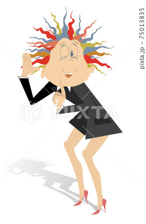 Cartoon eavesdropping woman illustration.  Funny young woman overhears like a spy and shows a finger to keep quiet isolated on white 75013835