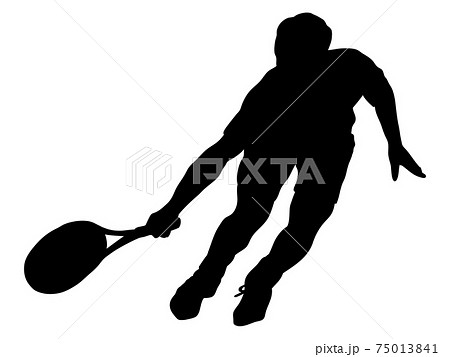 体勢を崩しながらボールを打つテニスプレイヤーのシルエットのイラスト素材 体勢を崩しながらボールを打つテニスプレイヤーのシルエットのイラスト素材