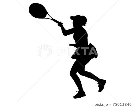 ボールを打つ女性テニスプレイヤーのシルエットのイラスト素材