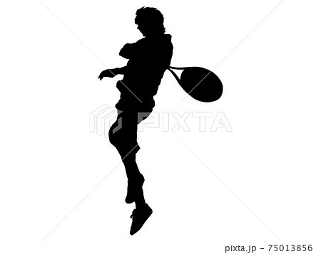 ジャンプしてボールを打つテニスプレイヤーのシルエットのイラスト素材