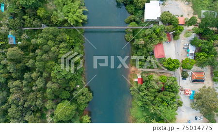 Aerial view Top down of suspension bridge across the canal in Khao Sok National Park Suratthani Thailand 75014775