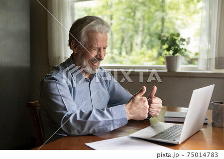 Happy grey haired senior man using laptop for video call 75014783