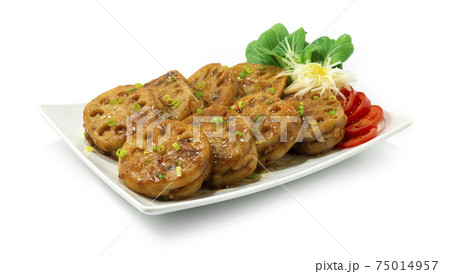 Lotus Root Stuffed Minced Pork Deep fried with Sauce Japanese Food 75014957