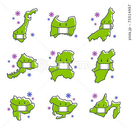 マスクをつけた中部地方の都道府県セット　感染対策 75014997
