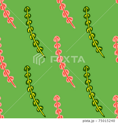 Creative seamless hand drawn pattern with simple pink seaweed ornament. Green bright background. 75015240