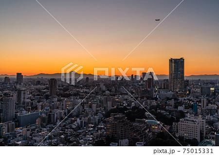 日本の東京都市景観　東京・六本木などの街並みや富士山、航空機などを望む 75015331