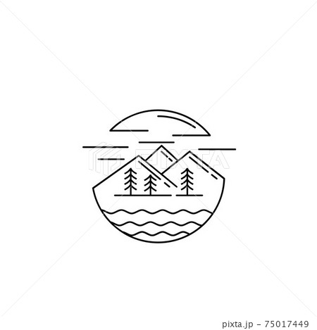 Landscape mountain peaks and graphic elements. Line art Adventure logo design 75017449