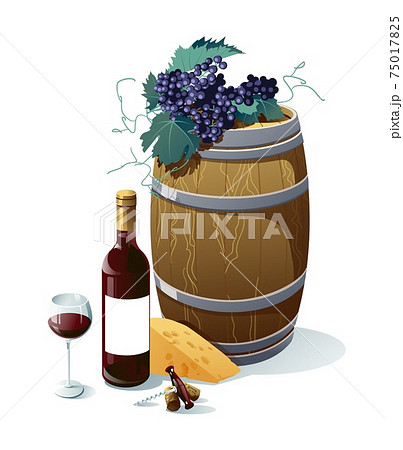 Grape, wine bottle, wineglass, barrel, grapes, cheese, vector illustration. Objects isolated on white background. 75017825
