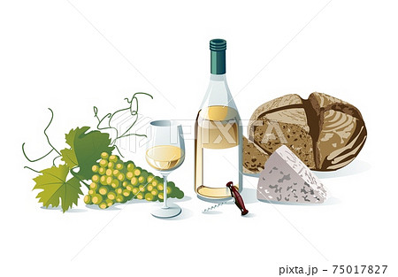 Grape, wine bottles, wineglass, grapes, cheese, bread vector illustration. Objects isolated on white background. 75017827