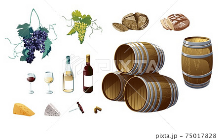 Grape, wine bottles, wineglass, barrel, grapes, cheese, bread vector illustration. Objects isolated on white background. 75017828