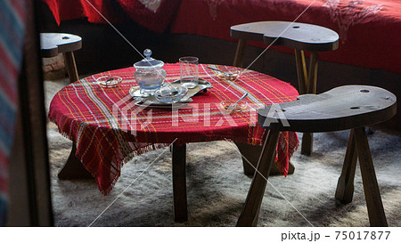 Traditional bulgarian folklore dining room table with chairs 75017877