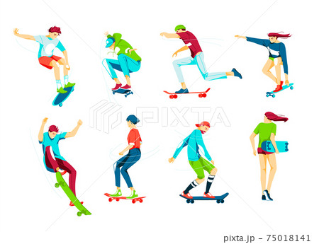 Bundle of teenage boys and girls or skateboarders riding skateboard. Young men, women skateboarding. Male and female cartoon characters isolated on white background. Flat vector illustration. 75018141
