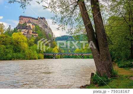 oravsky podzamok, slovakia - MAY 01, 2019: oravsky castle on the hill near the river. popular travel destination. beautiful springtime scenery in dappled light oravsky podzamok, slovakia - MAY 01, 2019: oravsky castle on the hill near the river. popular travel destination. beautiful springtime scenery in dappled light 75018167