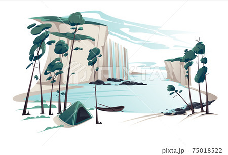 Vector flat summer landscape illustration with waterfall, river, mountains, pines, tent and baot on blue clouded sky. Nature view. Vector flat summer landscape illustration with waterfall, river, mountains, pines, tent and baot on blue clouded sky. Nature view. 75018522