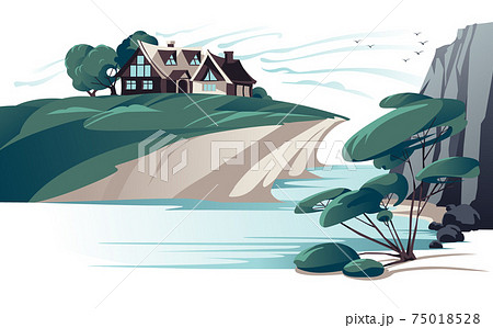 Secluded house on river bank flat color vector illustration. Empty river coast rock and alone tree cartoon landscape. Countryside scenery Ecotourism. Secluded house on river bank flat color vector illustration. Empty river coast rock and alone tree cartoon landscape. Countryside scenery Ecotourism. 75018528