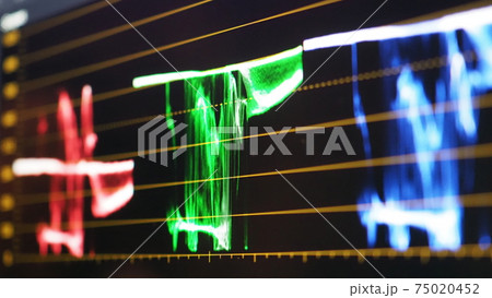 Color grading graph or RGB colour correction indicator on monitor in post production process. Telecine stage in video or film production processing. for colorist edit or adjust color on digital movie. 75020452