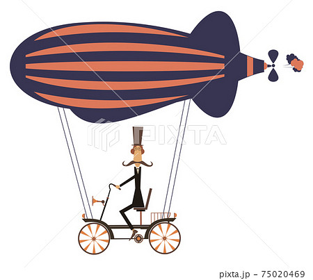 Funny mustache man on the airship illustration. Cartoon mustache man flies on the airship isolated on white illustration Funny mustache man on the airship illustration. Cartoon mustache man flies on the airship isolated on white illustration 75020469