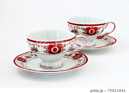 vintage tea set with gold red decor isolated vintage tea set with gold red decor isolated 75021041