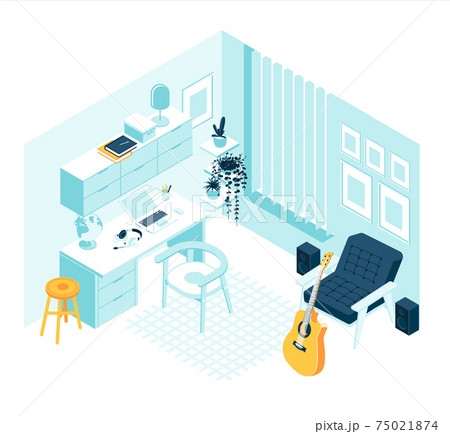 Isometric musician cabinet with guitar and sound speakers home furniture and accessories interior concept isolated white background Isometric musician cabinet with guitar and sound speakers home furniture and accessories interior concept isolated white background 75021874