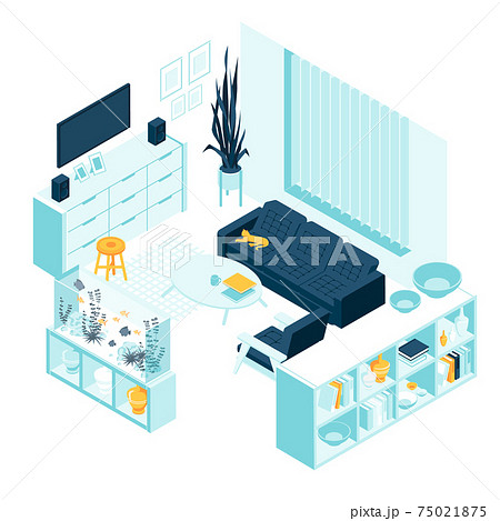Isometric living room with aquaruim home furniture and accessories interior concept isolated white background Isometric living room with aquaruim home furniture and accessories interior concept isolated white background 75021875