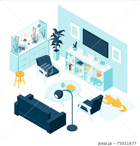 Isometric living room with aquaruim home furniture and accessories interior concept isolated white background 75021877