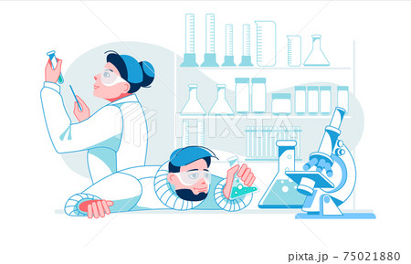 Two scientists working at laboratory. Man and woman experiment doing chemical experiment. Two lab assistants making scientific research. Scientists in white medical coats.Tubes, experiments. Vector. 75021880